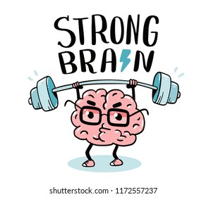 Very strong cartoon brain concept. Doodle style. Vector illustration of pink color centered brain with glasses lifts weights. Line art style design of character brain for sport, training, education