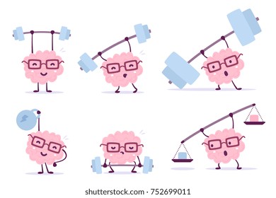 Very strong cartoon brain concept. Vector set of illustration of pink color smile brain with glasses lifts bar of different weight on white background. Flat style design of character brain