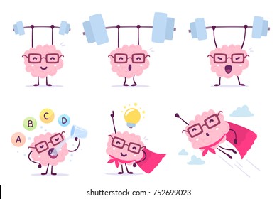 Very strong, healthy and smart cartoon brain concept. Vector set of illustration of pink color brain with glasses with bar, light bulb, vitamin on white background. Doodle style. Flat style design