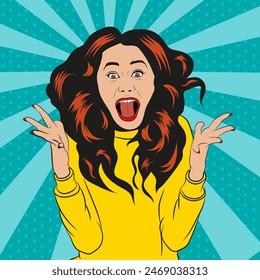 Very surprised pop art girl on retro background