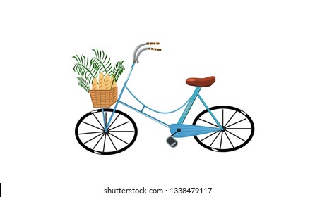 Very sweet blue summer bicycle with bread and plants