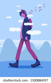 A very tall girl walking among the clouds listening to music with headphones on a background of hills and sky. Detachment.