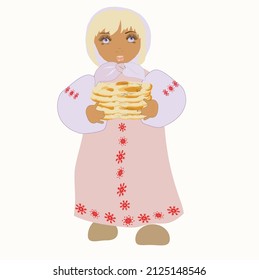 A very tanned blonde in a long dress and headscarf,
carries a stack of pancakes
