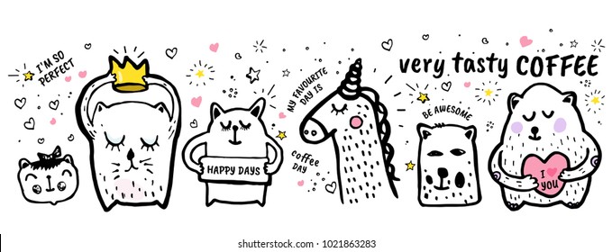 Very tasty coffee Vector freehand illustration background. Cover, banner with quote hand drawn doodles hearts stars, animals cat, bear, unicorn