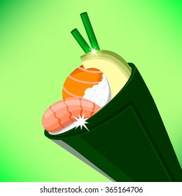 Very tasty temaki with shrimp, avocado, salmon, onion and rice.