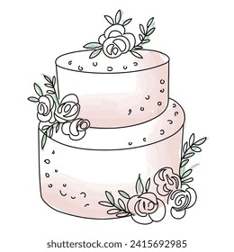 Very tasty wedding dessert. Multi-layer cake with cream rose decorations. Outline hand drawn vector illustration. Black graphics with pink watercolor stains. Design for cards, print, menu, packaging.