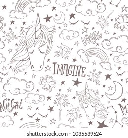 Very tender and cute seamless pattern. Vector magic background with unicorns, rainbows, clouds, stars and words for luck