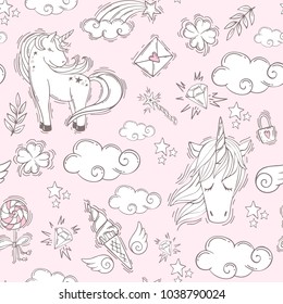 Very tender and cute seamless pattern. Vector magic background of pink color with unicorns, rainbows, clouds, stars and clover for luck