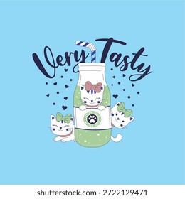 very testy, Cat drinking juise - Girl tshirt vector illustration design