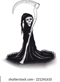 very thin death in black with a scythe in a lace robe with shadow