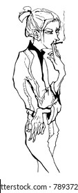 very thin guy  smokes near stall.
man with long hair  gathered in the tail. feminine boy. hipster smoker
  androgyne drawing by hand black contour linear pattern. shopper near storefront. drug addict