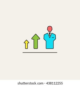 Very thin outline green, blue and yellow human with arrow up icon vector on pearl background
