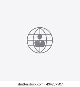 very thin outline human behind globe icon vector, sign of  world on gray background