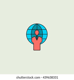 very thin outline red and blue Man Behind World Colorful Vector Icon, cartoon style