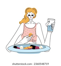 Una mujer muy delgada con anorexia, un trastorno alimenticio, come una píldora, delante de ella hay un plato con píldoras en lugar de comida. Concepto de trastorno alimentario, abuso de aditivos alimentarios