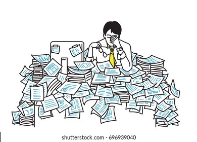 Very tired and exhausted businessman, sitting at table, flood with working paper sheet, overworked, too much working, very busy, deadline. Outline, line art, hand draw sketch, simple design.    