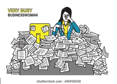 Very tired and exhausted businesswoman, sitting at table, flood with paper, overworked, too much working, very busy, stressed, deadline. Outline, line art, hand draw sketch, simple color design.    
