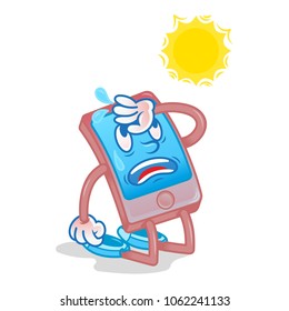 Very Tired Exhausted By The Sun Smartphone Gadget Iphone Which Hit Under Hot Temperature Stay For Long Time Under Burning Overheating Sun Damaged By Heat Need Repair Modern Vector Cartoon Character