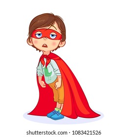 Very tired Super boy bent over, hands down. Funny kid dressed as a super hero with mask and red cape. Isolated colorful vector illustration.