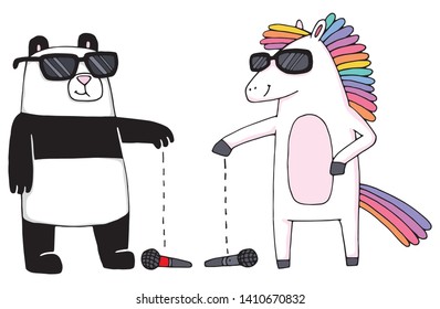 A very trendy rainbow unicorn and a cool panda bear doing a mic drop. Statement made. Vector illustration. 