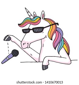 A very trendy rainbow unicorn doing a mic drop because he is too cool to continue talking. 