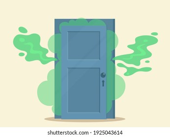 Un olor muy desagradable viene de la puerta. Fuerte hedor en la casa. Ilustración vectorial, diseño plano, estilo de dibujos animados, fondo aislado.