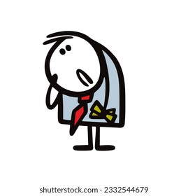 Very upset businessman in a suit and tie is holding some money in his hands.  Vector illustration a loser earned a small salary. Cartoon stick man character isolated on white background. 