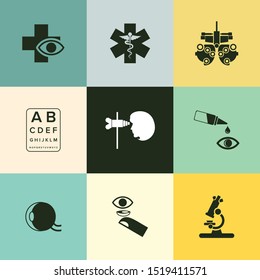 Very Useful 9 Ophthalmology Vector Icon Set for Designer Can Be Use in Design, Web Design & App Design.