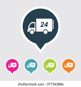 Very Useful Editable 24 Hour Delivery Van Icon on Different Colored Pointer Shape. Eps-10.
