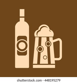 Very Useful Editable Vector icon of Beer Glass & bottle on coffee color background. eps-10.