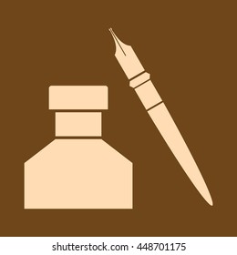 Very Useful Editable Vector icon of Ink pot & Pen on coffee color background. eps-10.