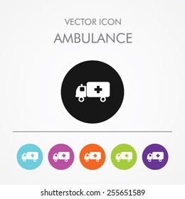 Very Useful Icon of ambulance On Multicolored Flat Round Buttons.
