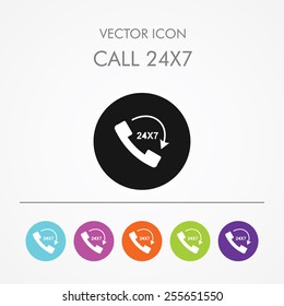 Very Useful Icon of Call 24X7 On Multicolored Flat Round Buttons.