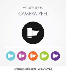 Very Useful Icon of Camera Reel On Multicolored Flat Round Buttons.