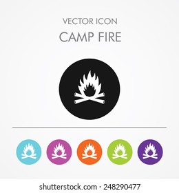 Very Useful Icon of camp fire On Multicolored Flat Round Buttons.