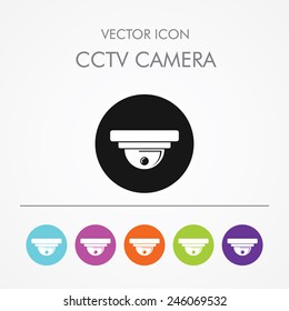 Very Useful Icon of CCTV CAMERA on Multicolored Round Buttons. Video surveillance.