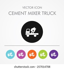 Very Useful Icon Of Cement Mixer Truck On Multicolored Round Buttons.