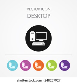 Very Useful Icon of desktop computer on Multicolored Round Buttons.