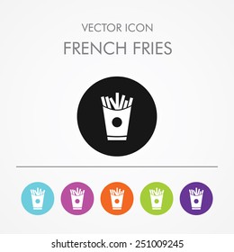 Very Useful Icon of French fries on Multicolored Round Buttons.