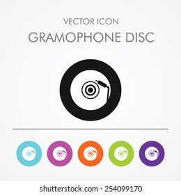 Very Useful Icon of gramophone disc On Multicolored Flat Round Buttons.