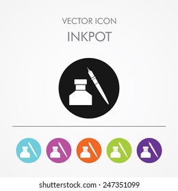 Very Useful Icon of ink pot On Multicolored Flat Round Buttons.