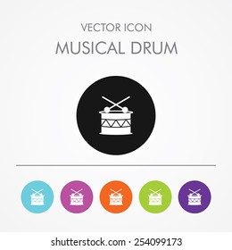 Very Useful Icon of musical drum On Multicolored Flat Round Buttons.
