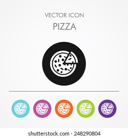 Very Useful Icon of pizza On Multicolored Flat Round Buttons.