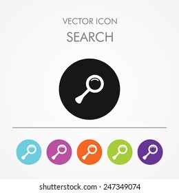 Very Useful Icon of search On Multicolored Flat Round Buttons.