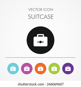 Very Useful Icon of Suitcase on Multicolored Round Buttons. Luggage.
