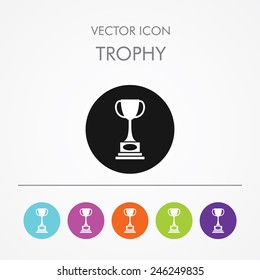 Very Useful Icon of Trophy On Multicolored Flat Round Buttons.