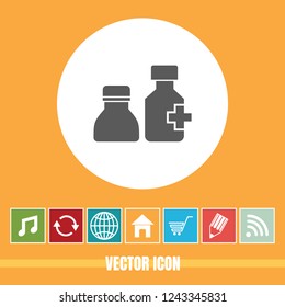 Very Useful Vector Icon Of Drug Bottle with Bonus Icons. Very Useful For Mobile App, Software & Web.
