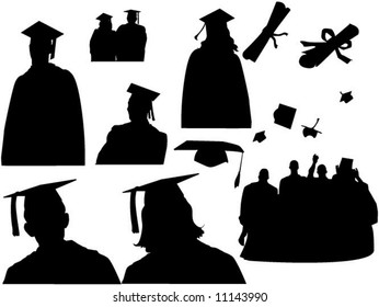 very versatile black silhouettes of graduates and hat tossing : graduation ceremony