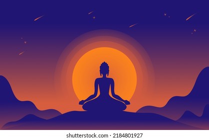 Vesak Buddha illustration, Vesak Day celebration with moon circle background and mountains, buddha statue, Dharmavinaya, Buddha Dharma, Siddharta Gautama, meditation