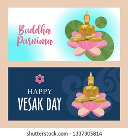 Vesak. Buddha Purnima. Traditional Buddhist holiday. Vector greeting card with Golden Buddha and pink Lotus.